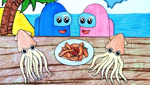 手绘定格动画:小蓝和小粉去海底抓食材做辣炒鱿鱼!