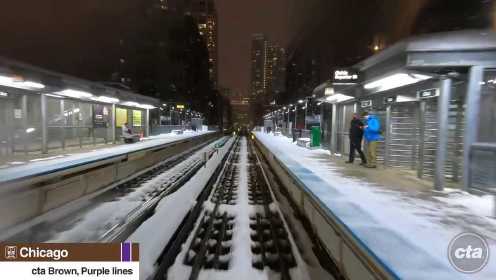 火车第一视角展望：【美国铁路】雪夜运行的CTA棕色线