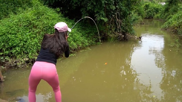 今天继续和表妹去小溪边边钓鱼,用钩钓鱼用钩子捕捉到很多非洲鲫鱼