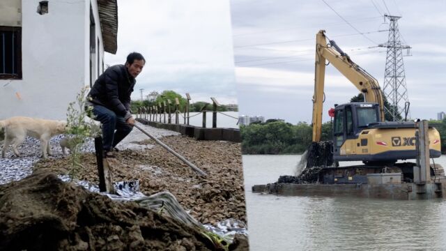 水上挖机清理河道建设,小囿做平台心里有点担心被拆,去问好房东