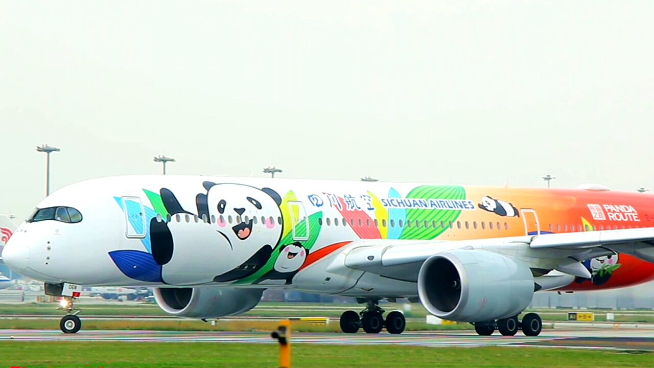 成都双流机场,偶遇四川航空空客a350熊猫彩绘机起飞,太可爱了吧