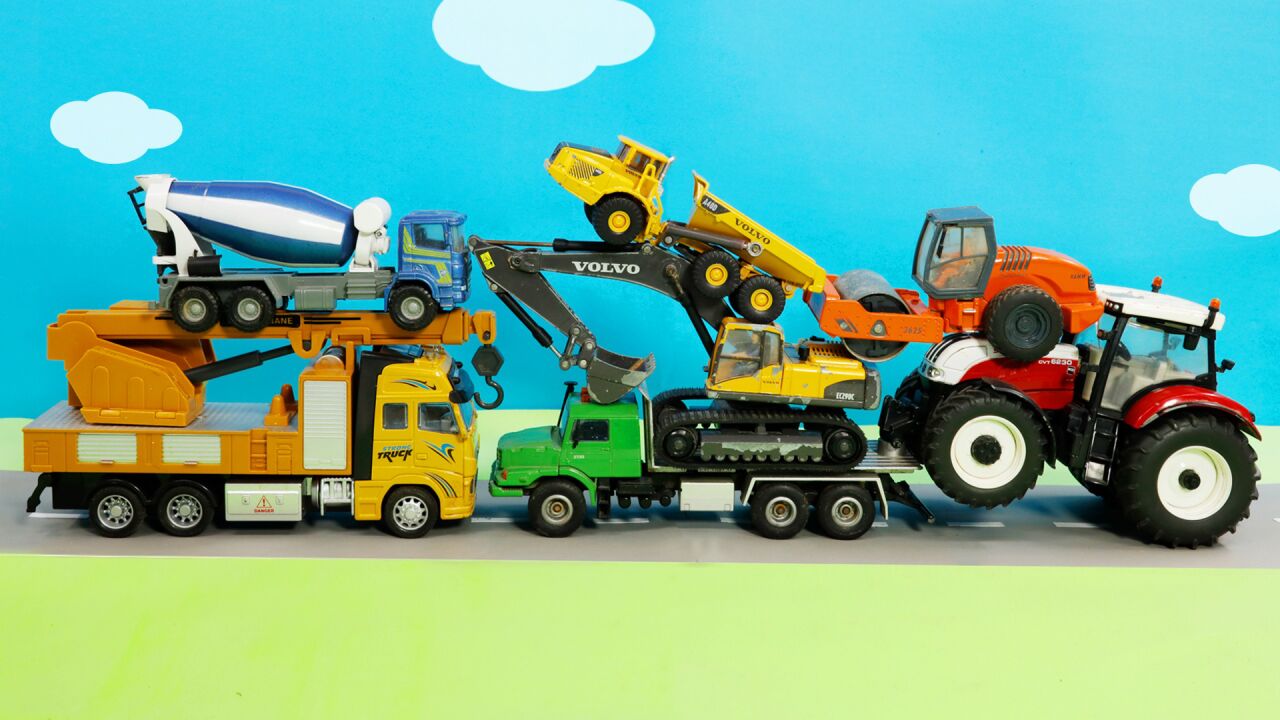 挖掘机搅拌车玩具车,一起认识认识它们吧,儿童玩具视频