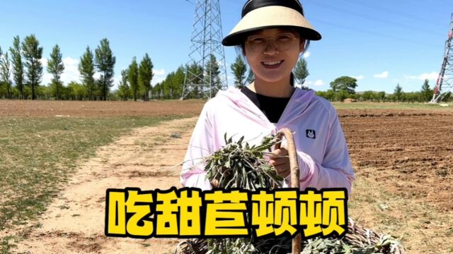 农村姑娘挖了一筐野菜回家,老妈给用莜面做了甜苣顿顿,在农村吃健康营养的野菜