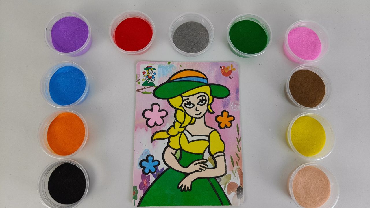 可爱公主趣味儿童沙画,彩色沙子填色美丽的公主,认识颜色