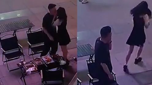 女服务员打翻酒强吻顾客赔罪，男子想吻回来反被扇巴掌，场面太迷