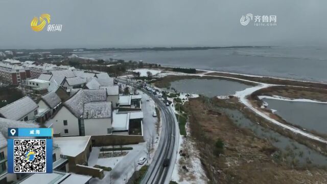 威海又迎降雪,雪花纷飞城市更添灵动,外地观海赏景游客不断