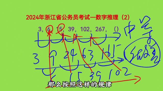 2024年浙江省公务员考试,3,6,15,39,102,267,下一个数是什么