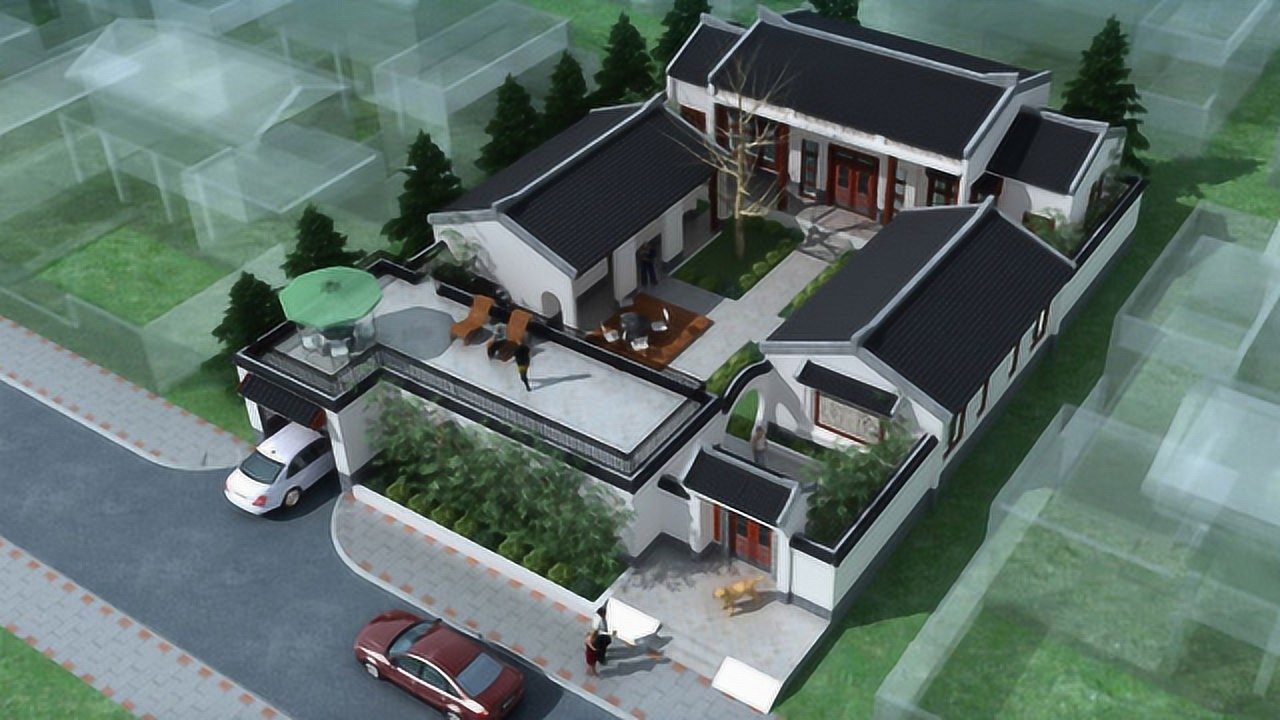 一层中式风格四合院别墅外观效果图徽派四合院建筑设计图纸