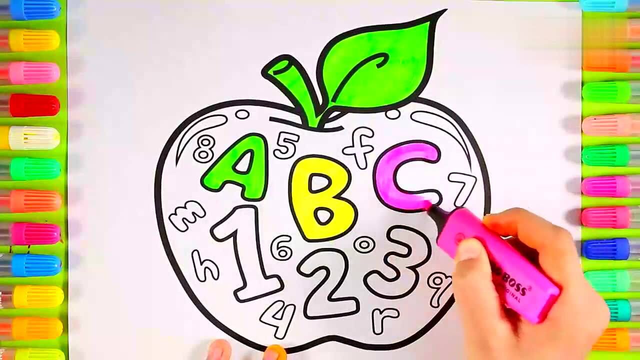 绘制有趣的数字字母苹果和着色 宝宝锻炼绘画技能