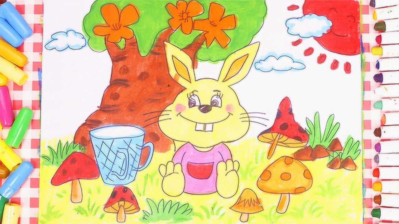 儿童画场景故事采蘑菇的小兔子