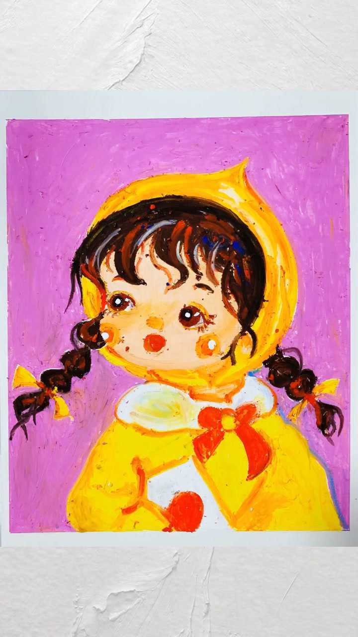 重彩油画棒作品 小红帽的妹妹小红帽