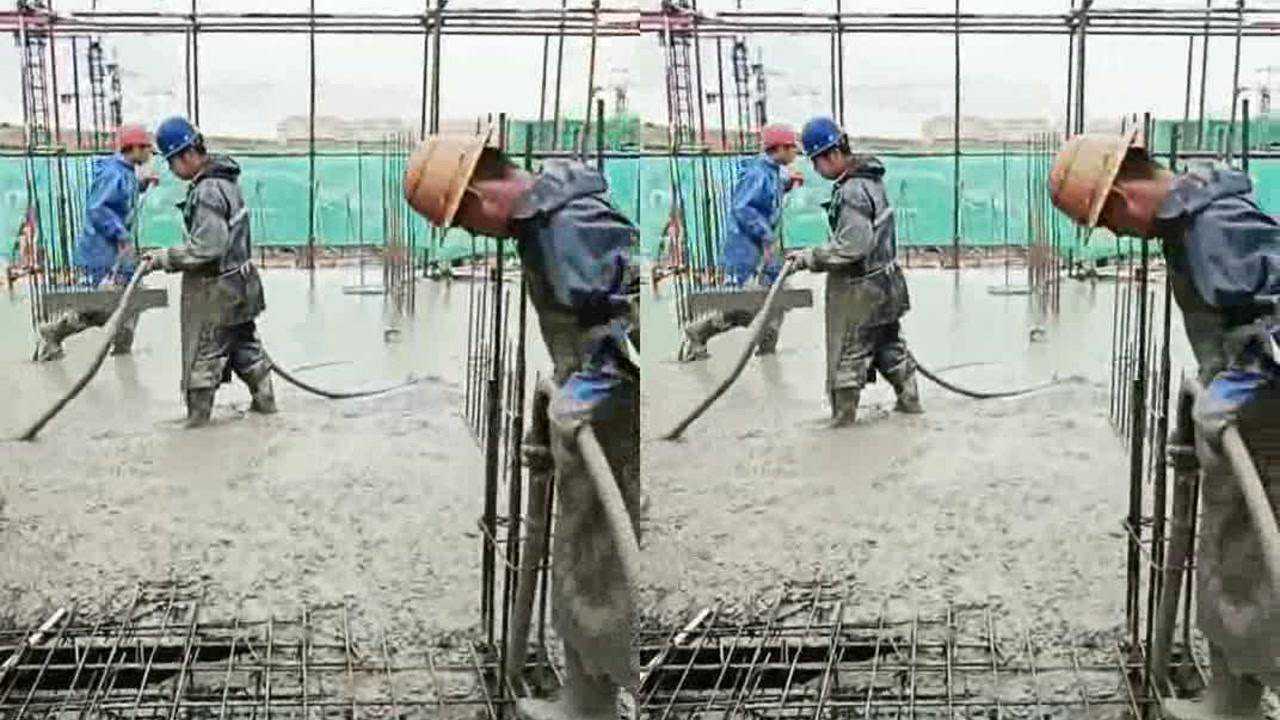 工地施工场景混凝土打灰中坚持就是胜利致敬每一个为