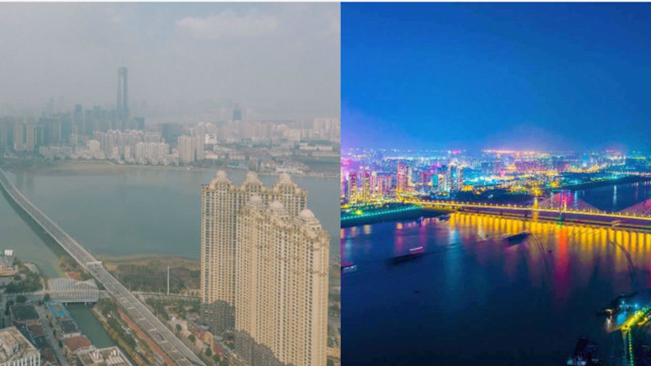 武汉封城前后对比,空荡荡的街头和万家灯火