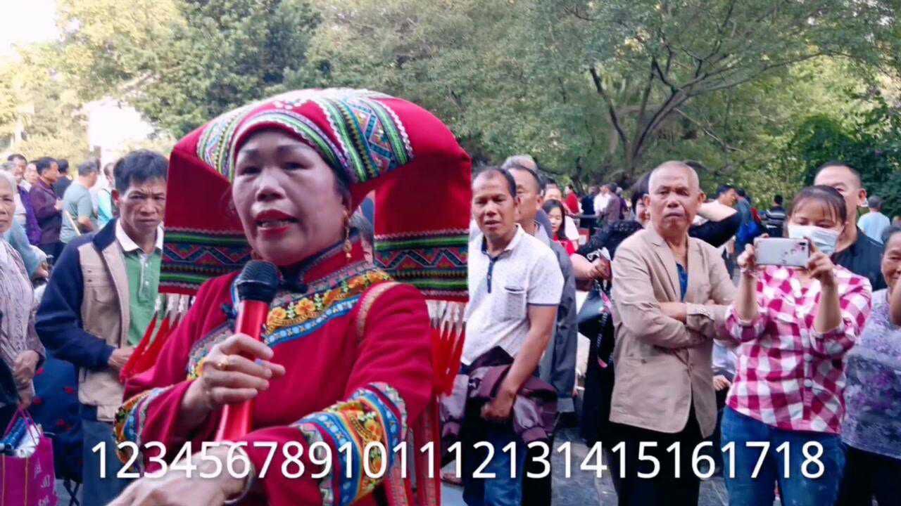 武宣婆山歌王来到柳州鱼峰山唱山歌18台手机对着她拍受欢迎了