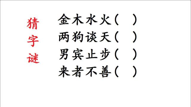 猜字谜:金木水火,两狗谈天,男宾止步,来者不善,各打一字