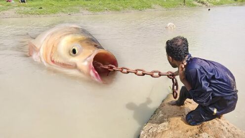 难以置信的捕鱼方法，男子在河流捕捉水下怪物，肉搏的过程太惨烈
