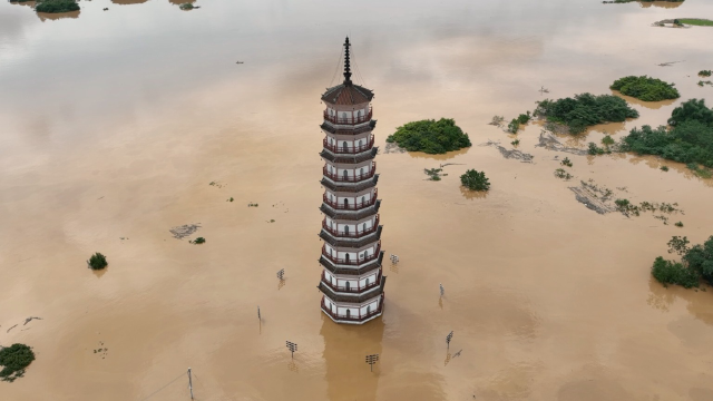 航拍广东英德洪峰过境:临江村庄被淹,古迹地标文峰塔孤悬江中
