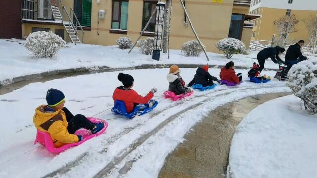 有爱邻居拉一串娃小区里滑雪,爸爸“怂恿”孩子朝妈妈打雪球“报仇”