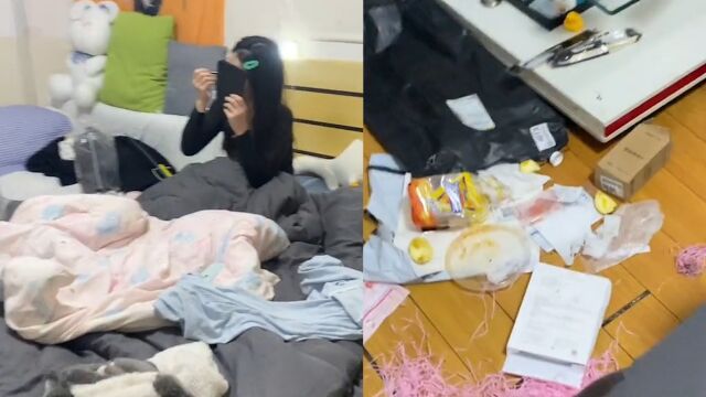 同居女友床上吃外卖满地狼藉,男子下班回家无奈收拾,网友吵翻天