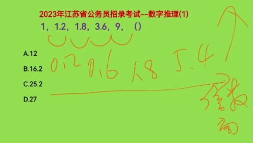 2023年江苏省公务员考试，1，1.2，1.8，3.6，9，下一个数是什么