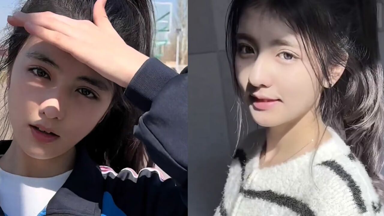 新疆女生在操场练习篮球,扎着高马尾青春靓丽,五官标致满脸清纯