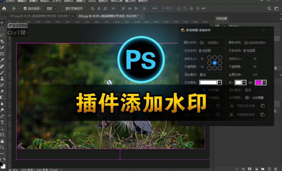 在ps中使用插件添加水印-卧龙修图插件教学视频
