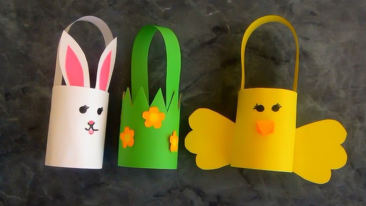 益智早教手工,一次性卷纸筒手工diy制作可爱白兔小黄鸡篮子