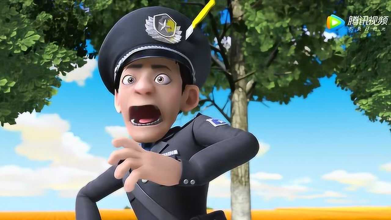 熊出没光头强拿出刀刀飞扎住警察帽子上