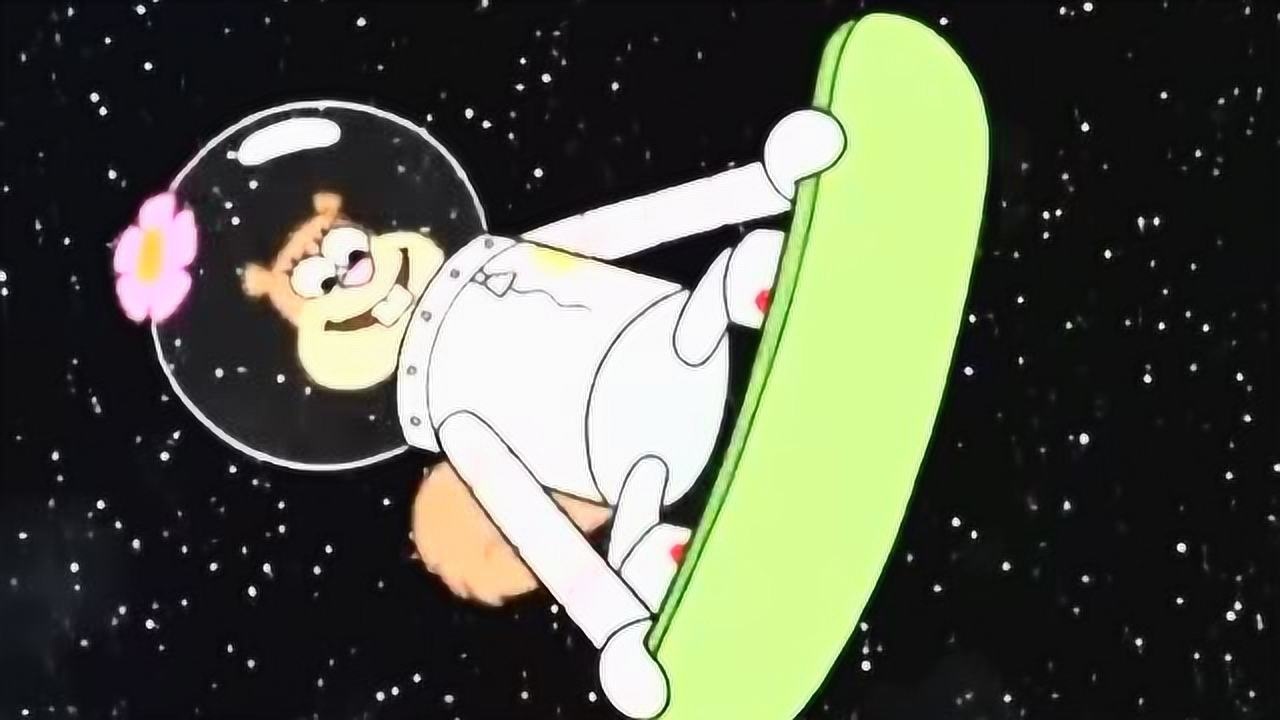 海绵宝宝和松鼠珊迪在月球上玩滑板真的好高兴