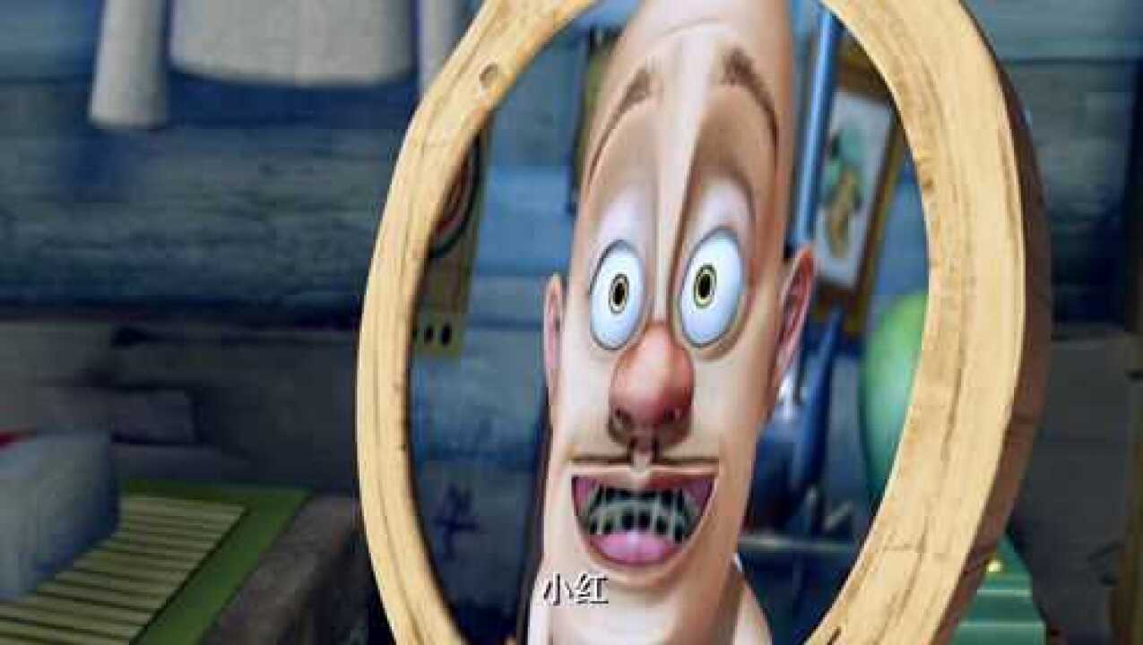 镜子里的光头强太恐怖了,光光的脑袋,黑黑的牙齿