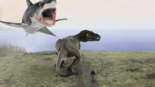 科幻片：男主穿越后差点被霸王龙吃掉，还好被一头巨齿鲨救下