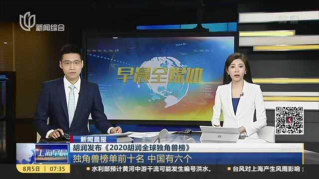 新闻晨报:胡润发布《2020胡润全球独角兽榜》——独角兽榜单前十名 中国有六个