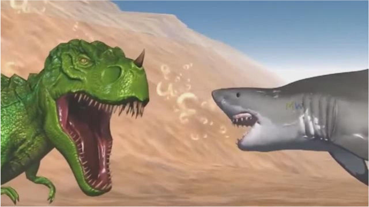恐龙世界:霸王龙对战鲨鱼,谁输谁赢?