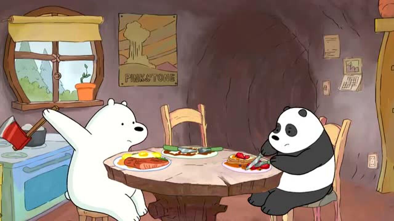 咱们裸熊白熊是个讲究人吃饭姿势太帅了拿着斧头吃牛排