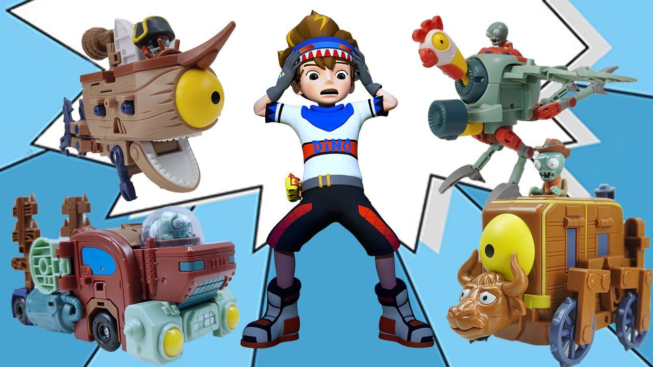 五合体机甲僵尸boss打败霸王龙三角龙 僵尸博士带走心奇