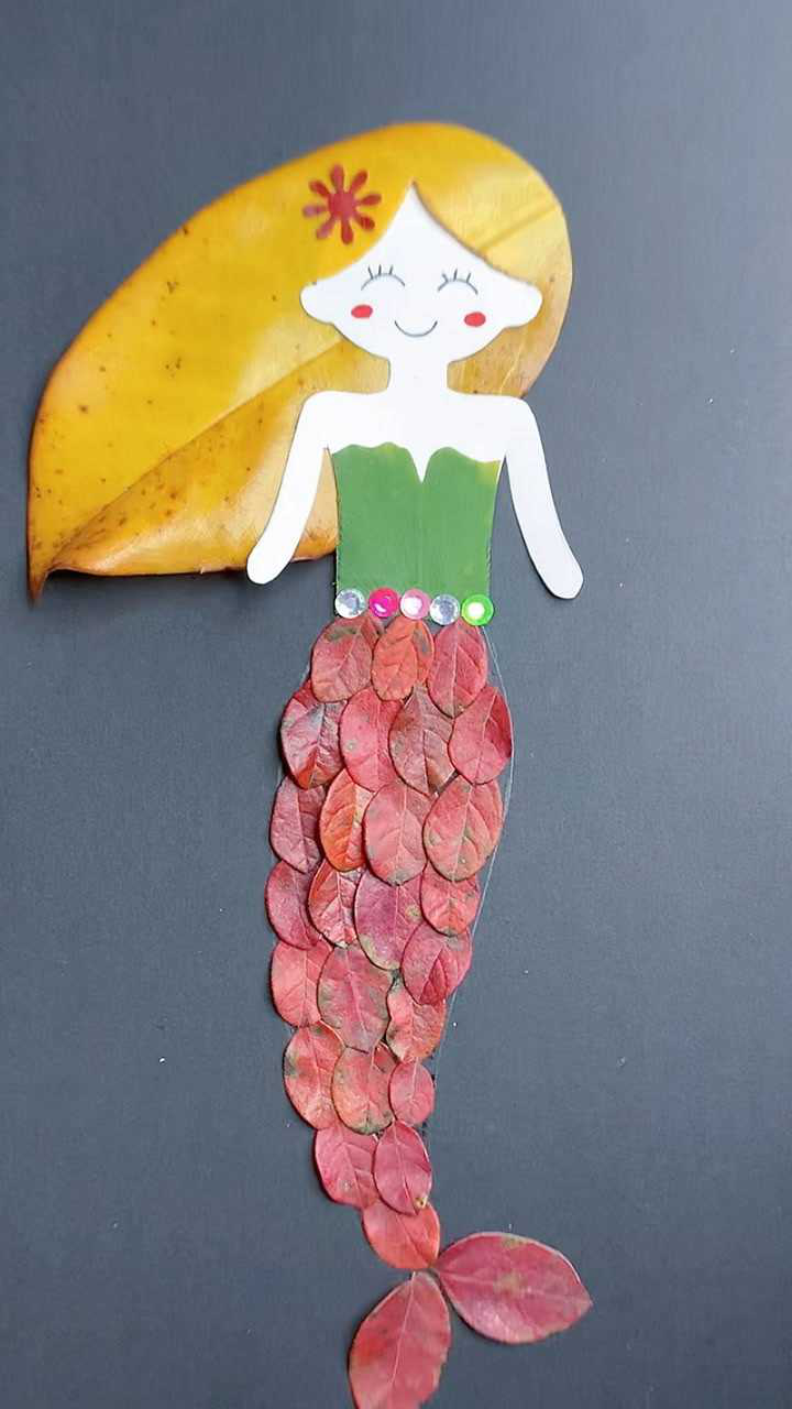 又一款美人鱼公主树叶贴画简单好看