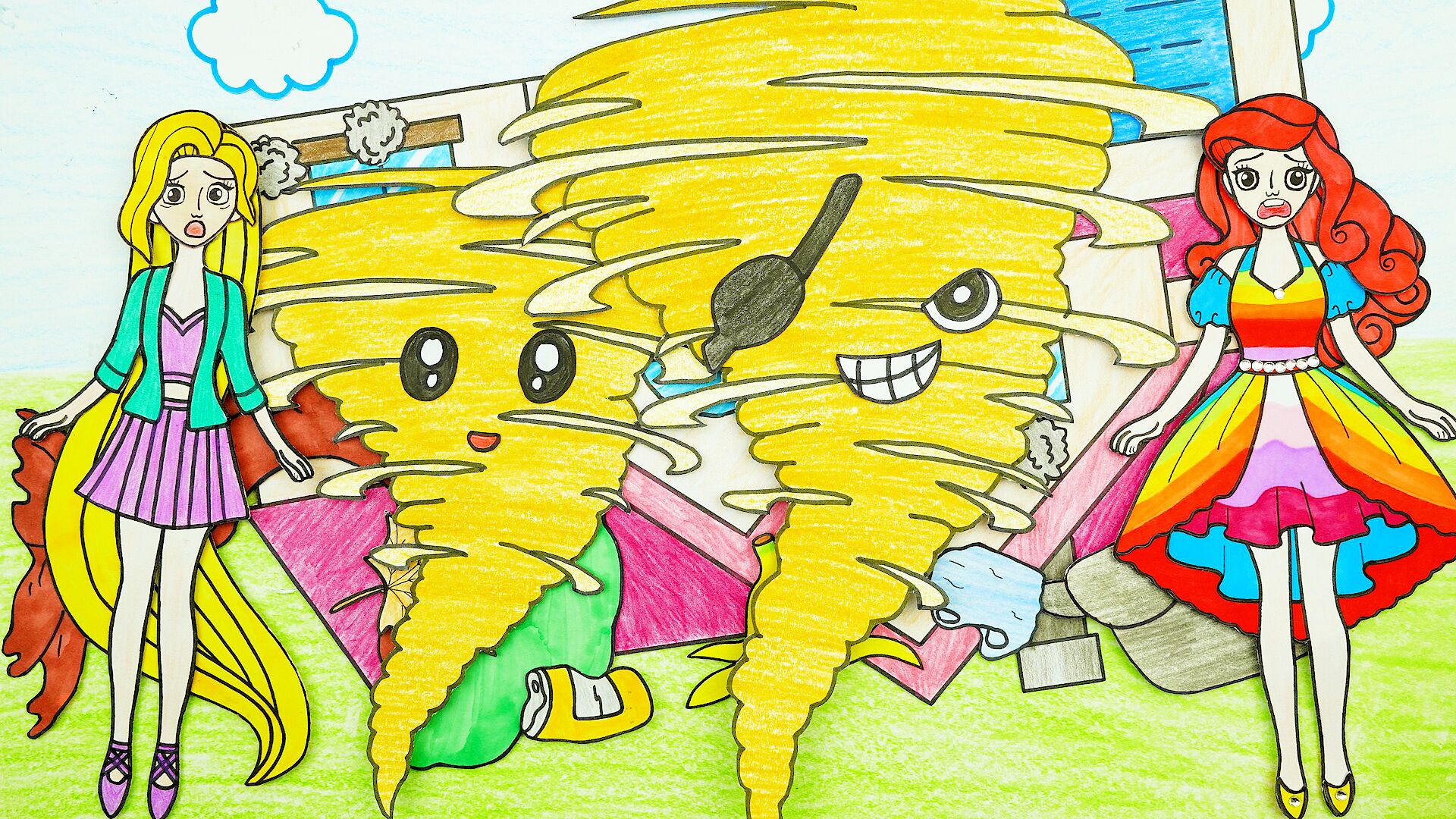 星星童话手绘定格动画沙尘暴把芭比的房子刮倒了星星公主送给芭比新