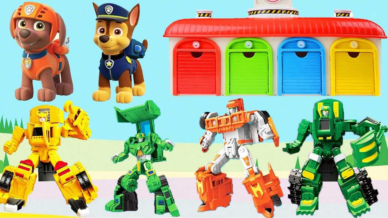 花样玩具屋 汪汪队成员在彩色车库,发现咖宝车神重工战队玩具_高清