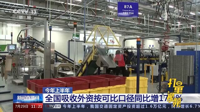 上半年全国实际使用外资7233.1亿元,按可比口径同比增17.4%