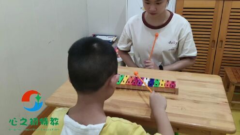 武汉市新洲区自闭症康复学校心之初教育关爱特殊儿童家庭训练小课题：跟敲木琴，目标：敲和老师（家长）一样的颜色，增强孩子视觉记忆，手眼协调和观察判断能力等