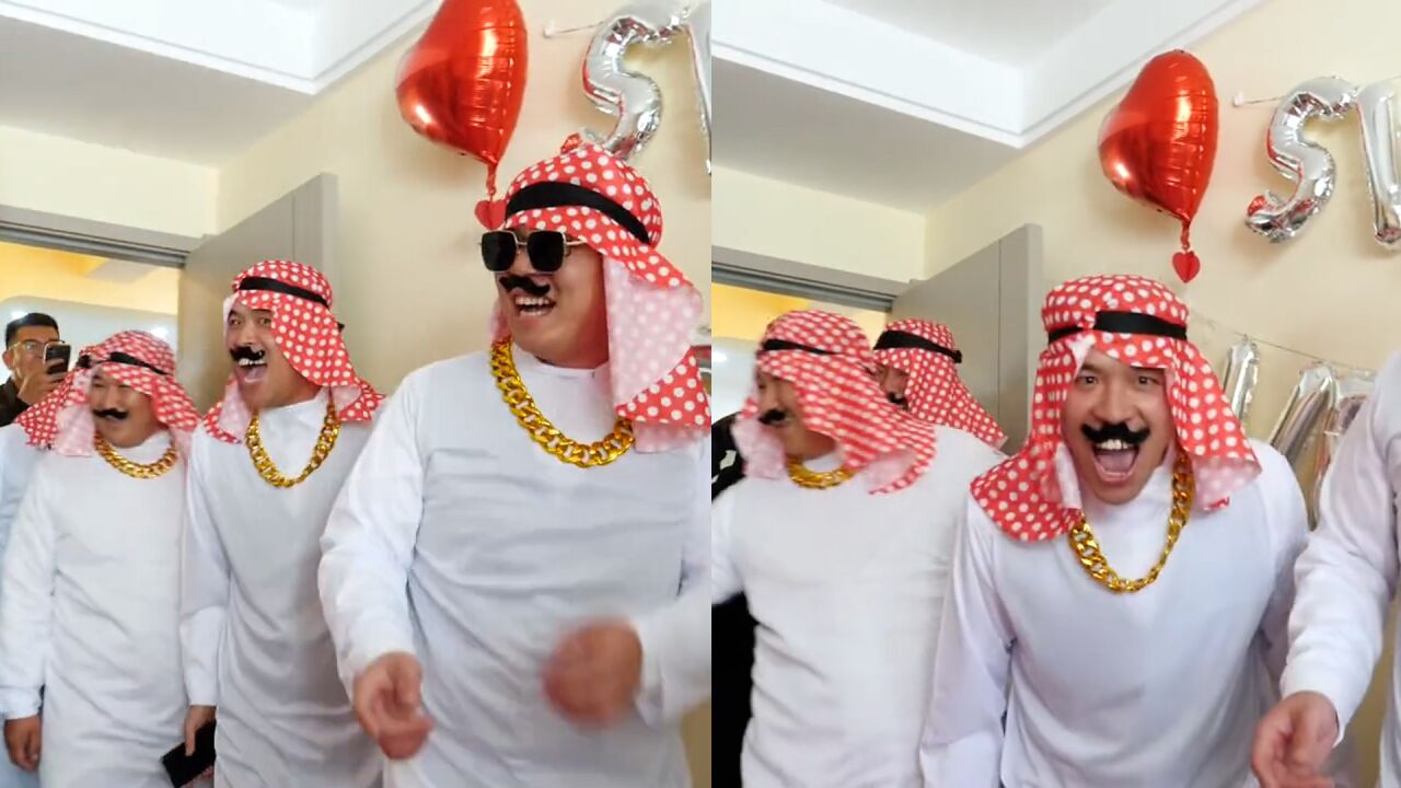 伴郎团接亲创意满满,打扮成沙特王子破门而入,搞笑气氛拉满