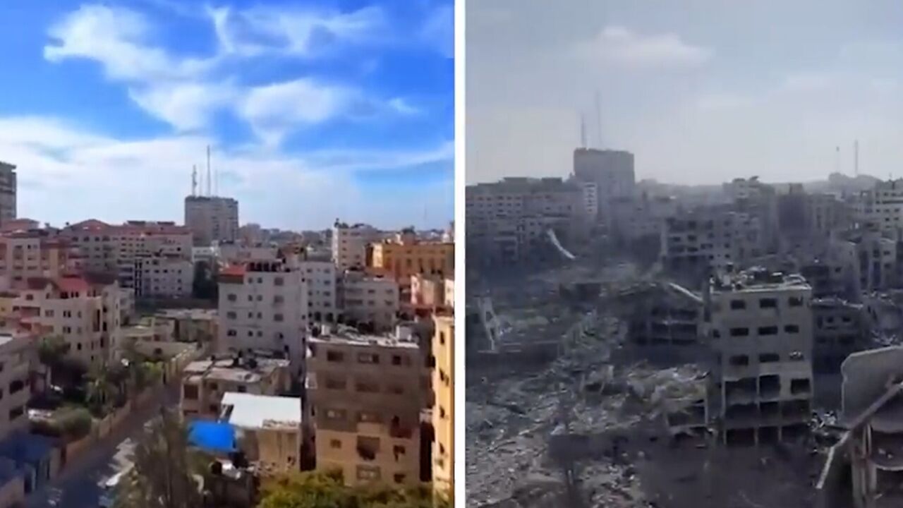 40秒感受战争破坏威力,直击巴以冲突下加沙地区被轰炸前后对比