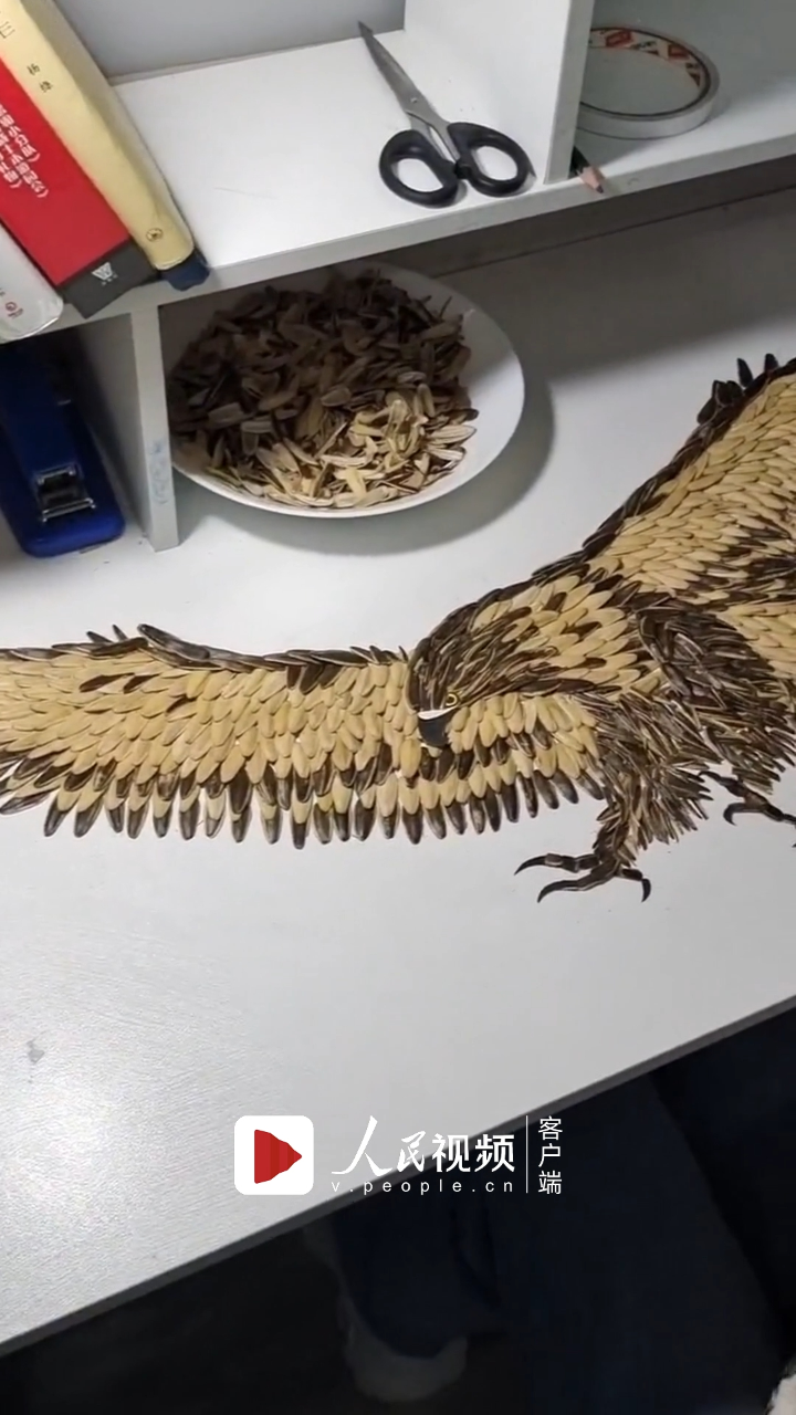 栩栩如生女生用瓜子摆出雄鹰图案