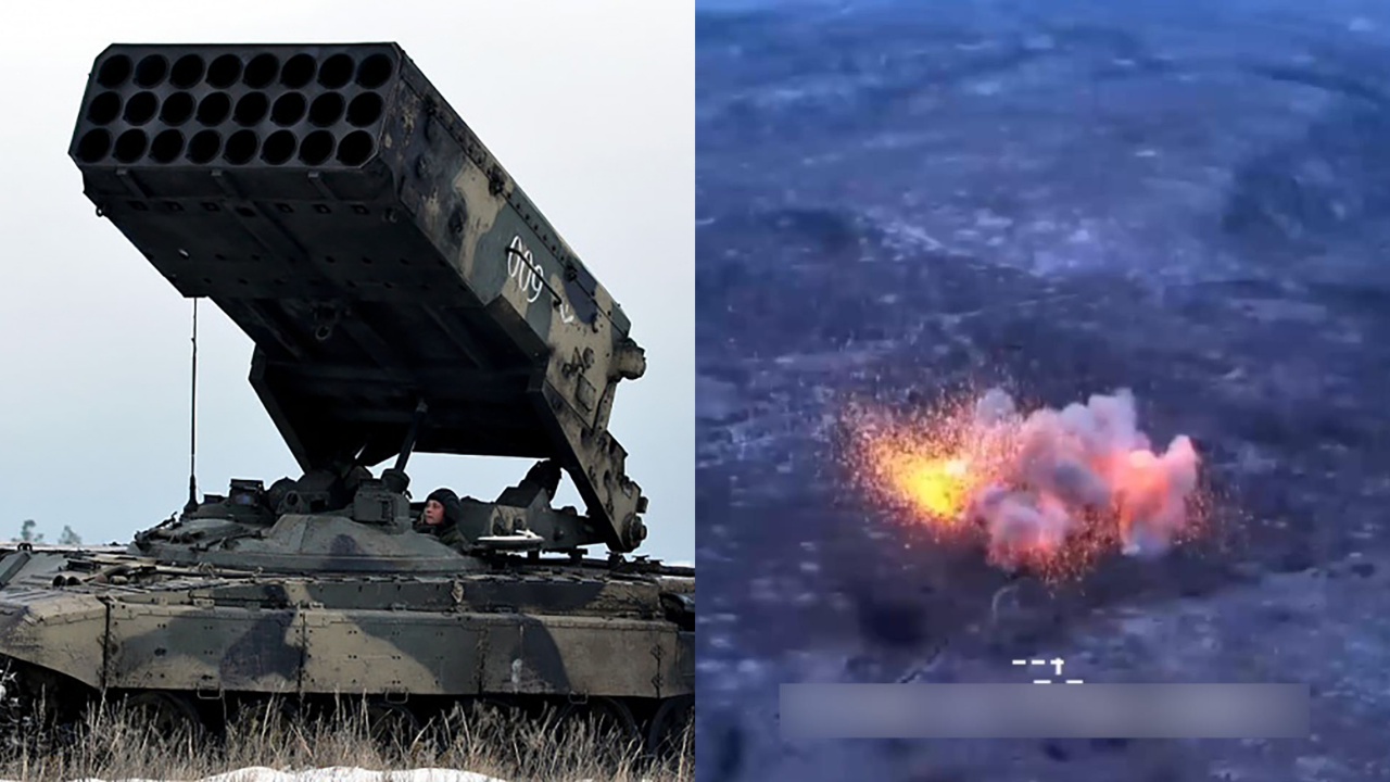 俄军向乌军阵地发射温压火箭弹,爆炸火光照彻天空