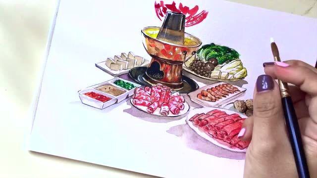 水彩铜锅涮羊肉