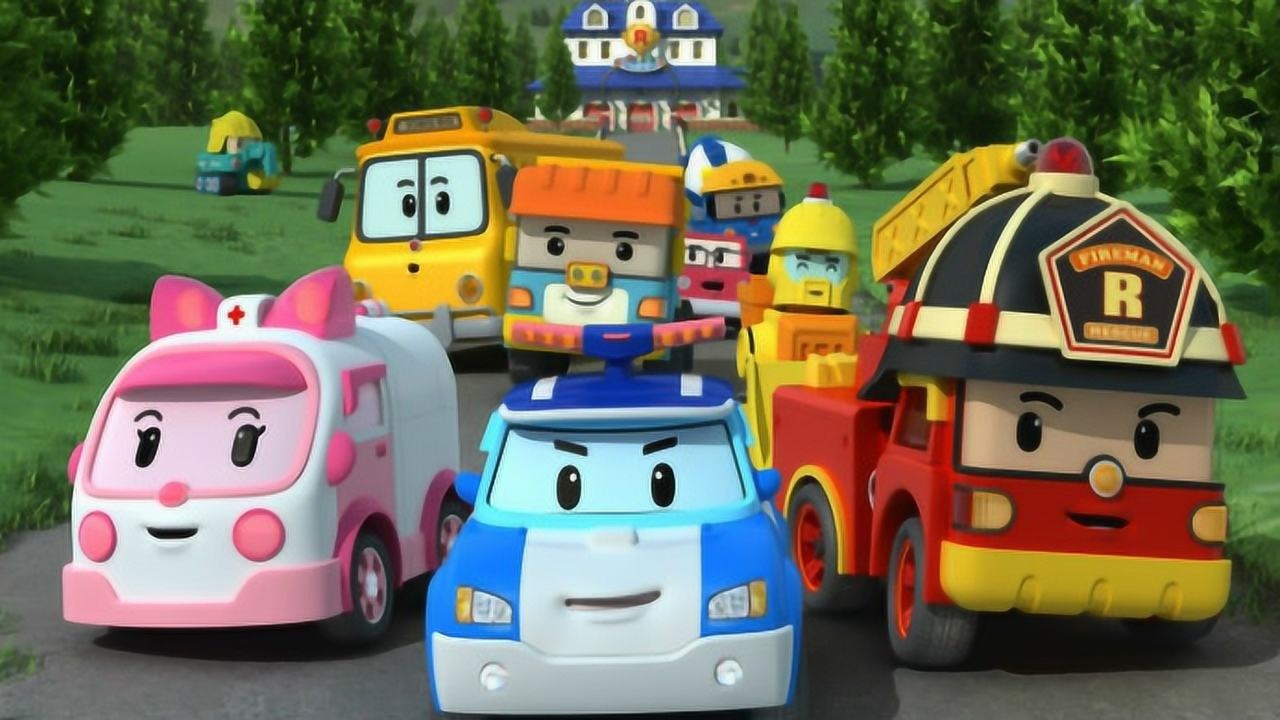 变形警车珀利消防车罗伊和救护车安巴一起吃煎蛋早餐