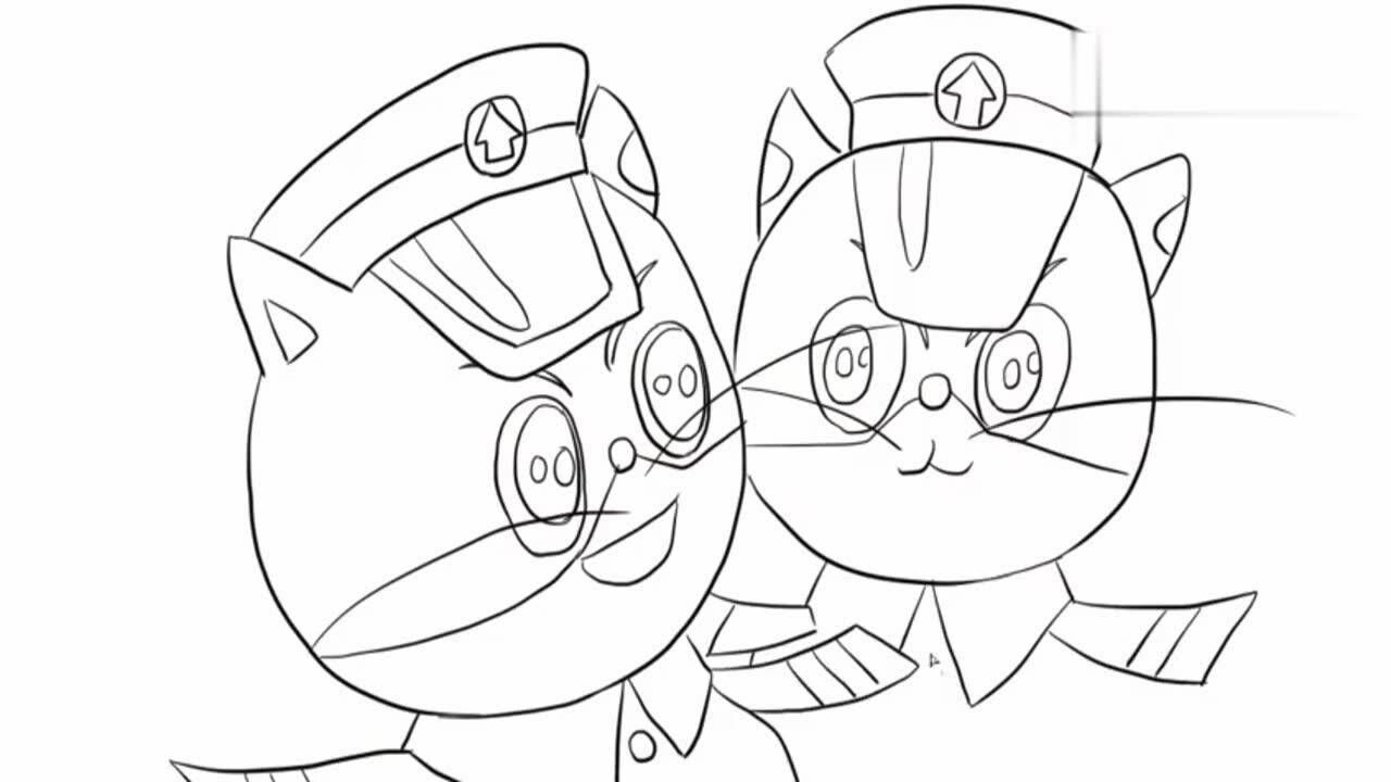 黑猫警长与白猫班长儿童亲子简笔画