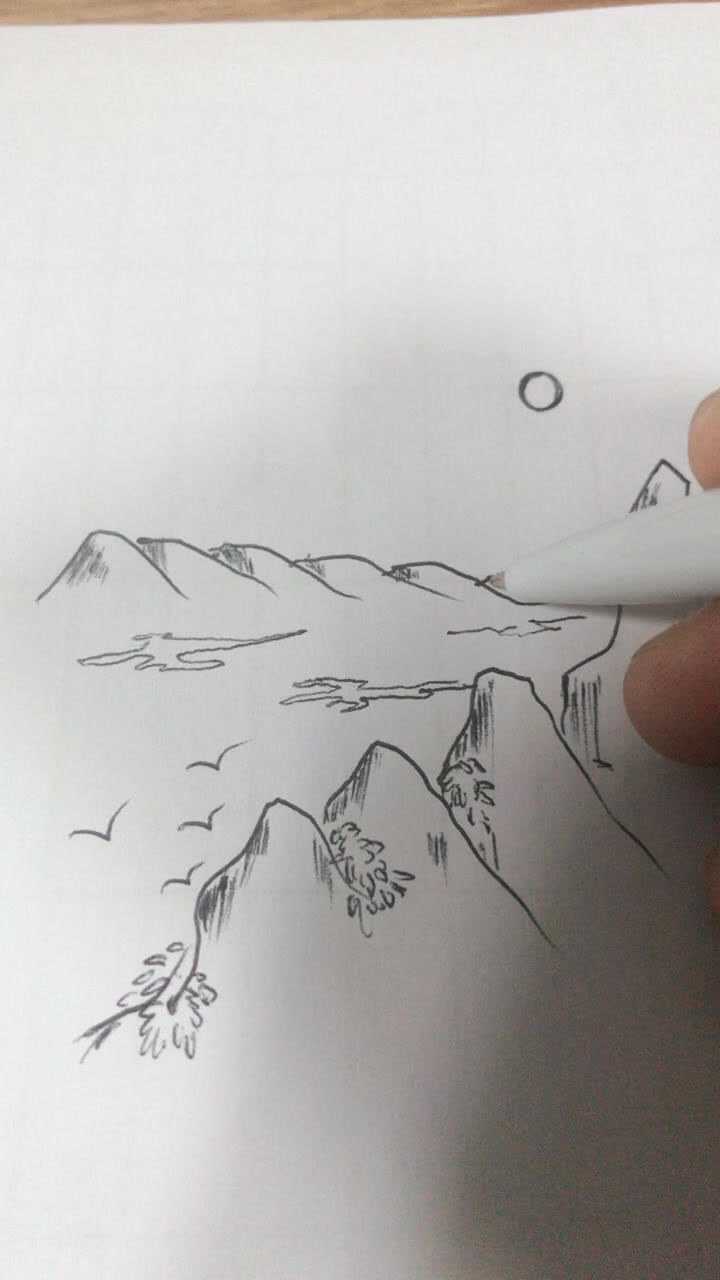 圆珠笔随意素描简笔山水画