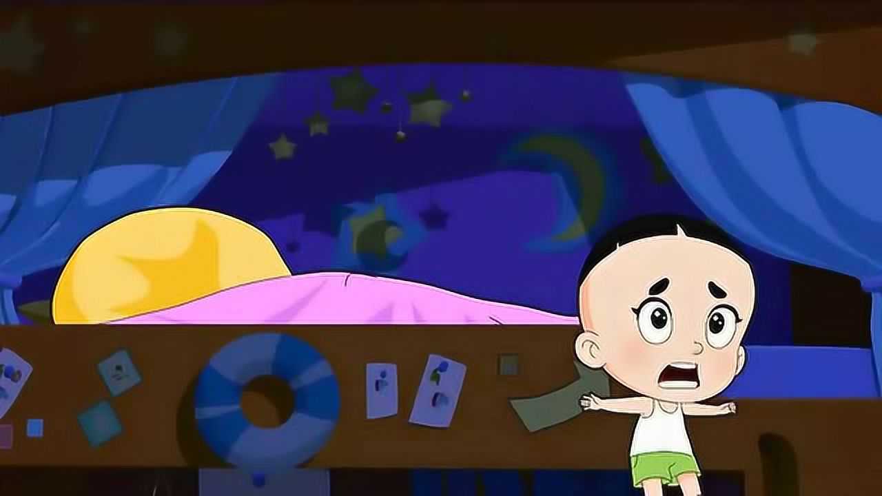 大头儿子听到门的声音以为是老巫婆来了吓得跑到爸爸妈妈的床上