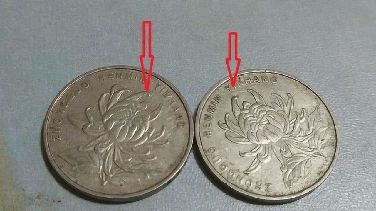 这两枚大菊花一元硬币别看模样一样价值有很大区别
